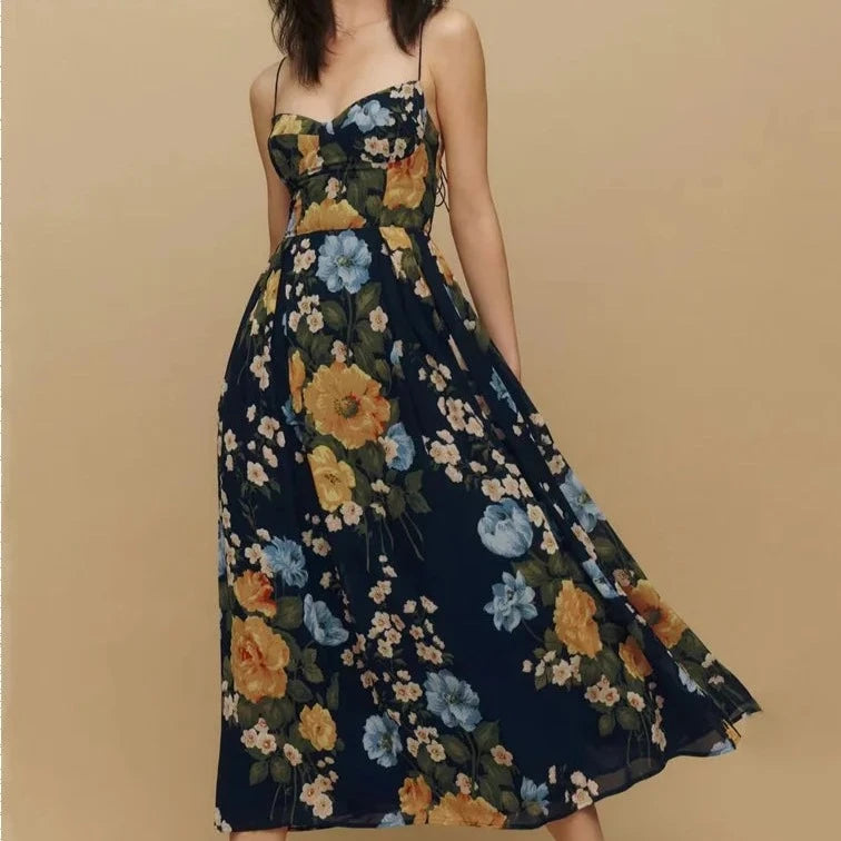 Sharona's Navy Blue Floral Print Spaghetti Strap Dress