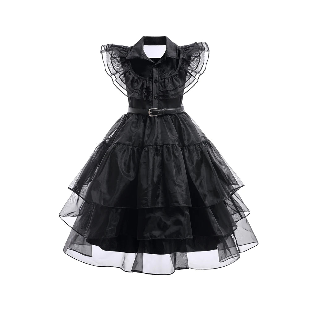 Wednesday Addams Cosplay Costume Girls Black Gothic Dress Sets