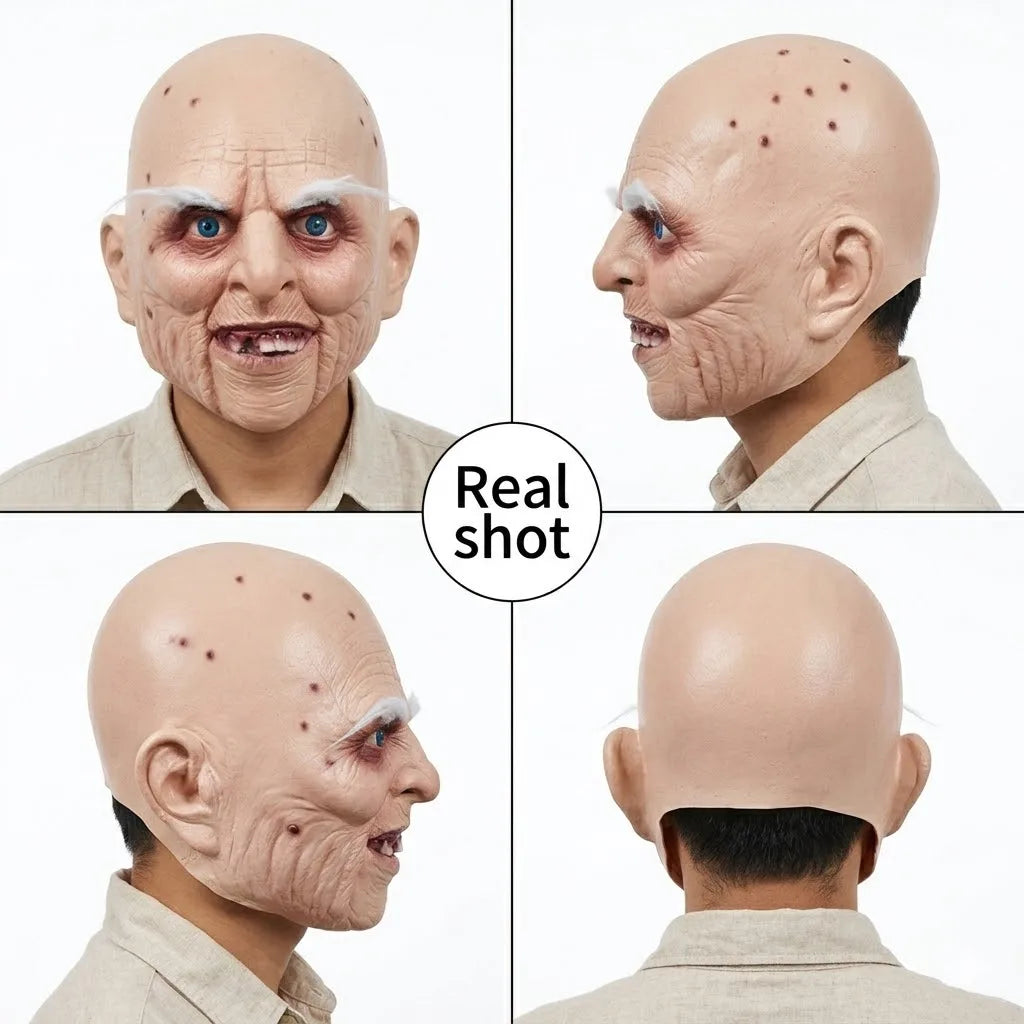 Bald Old Man Mask Full Head Latex Scary Grandpa Halloween Horror Party Cosplay Costume Prop