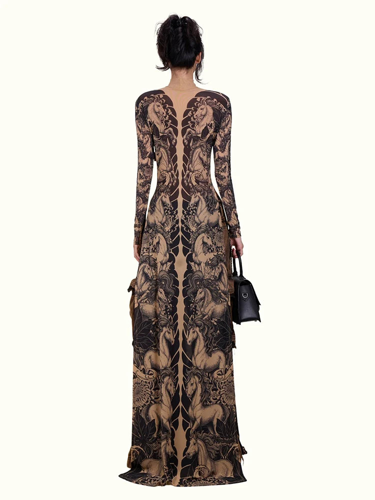 Wild Horses Full Sleeve Long Bodycon Dress Stretch