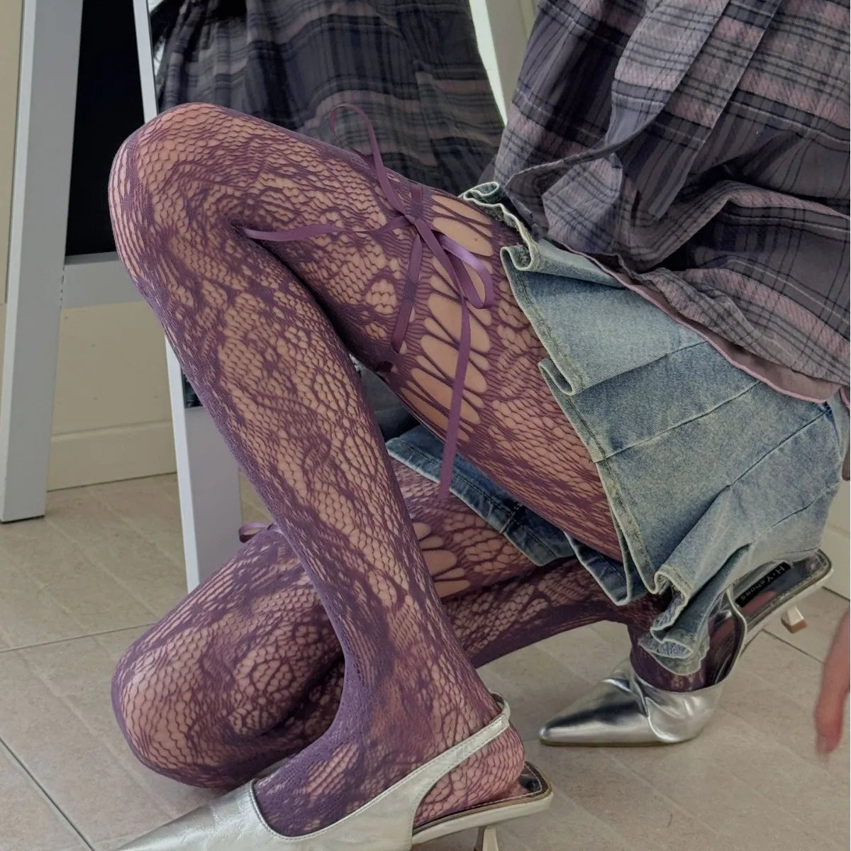 Lace Bow Tie Fishnet Stockings Flower Pantyhose Tights