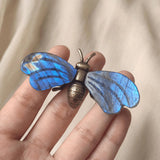 Natural Labradorite Bee Figurine Insect Sculpture Desktop Decoration Hand Carved Stone Wings Metal Body