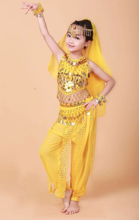 Girl's Stage Performance Chiffon Belly Dance Costume 7pcs Sets Kids Dancing Outfits