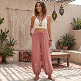 Sun Moon Embroidered Linen Cotton Baggy Pants Side Pockets Loose Yoga Wear