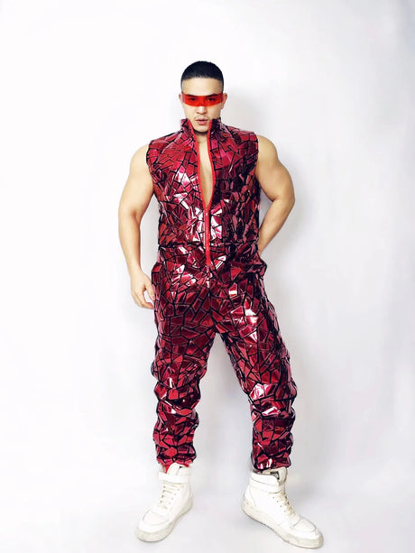 Mens Laser Mirror Sleeveless Jumpsuit Hip Hop Dancer Party Nightclub Outfit