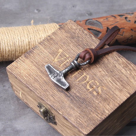 Thor's Hammer Norse Viking Stainless Steel Pendant Necklace For Men with Wooden Gift Box