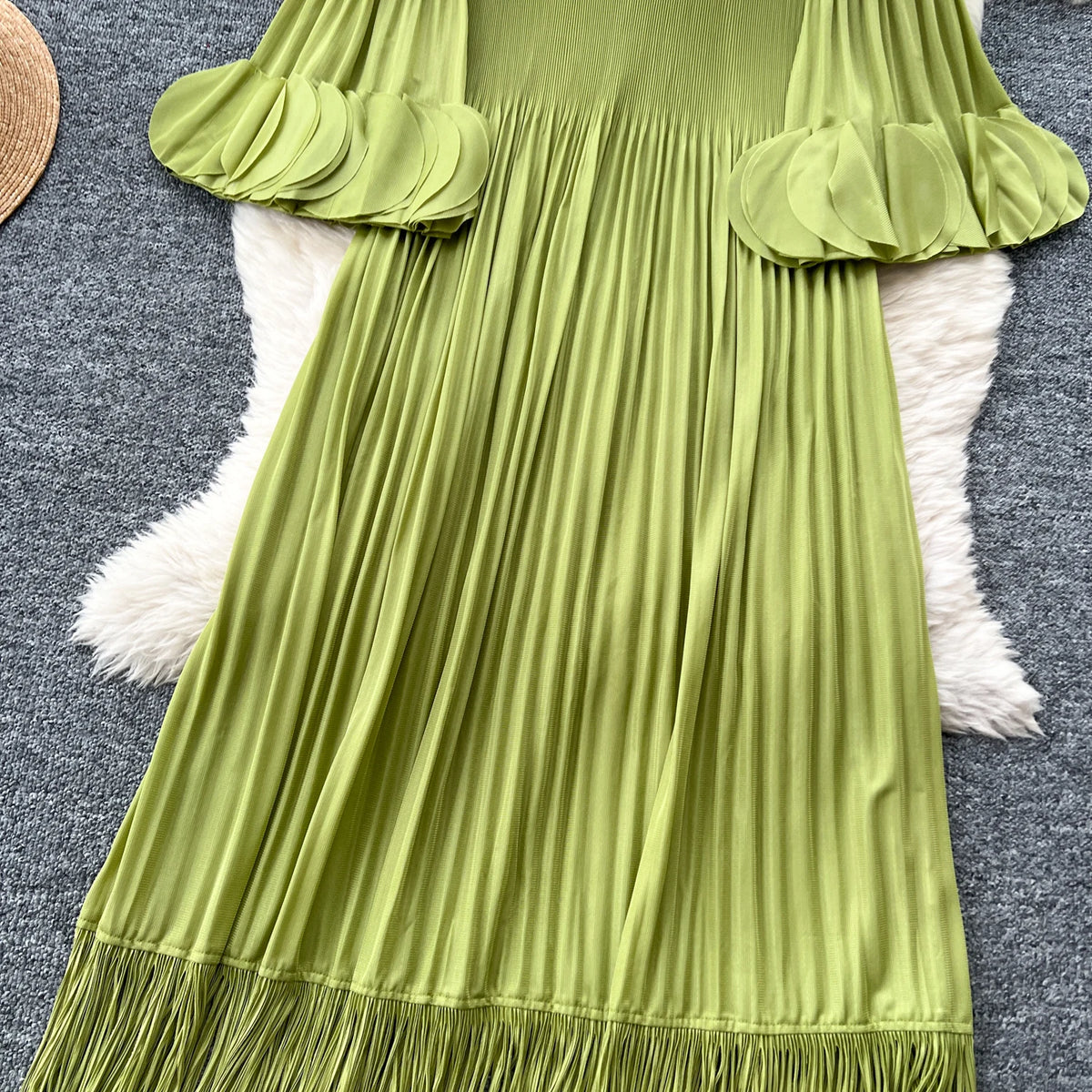Petal Sleeves Pleated Tassel Dress Eight Colours