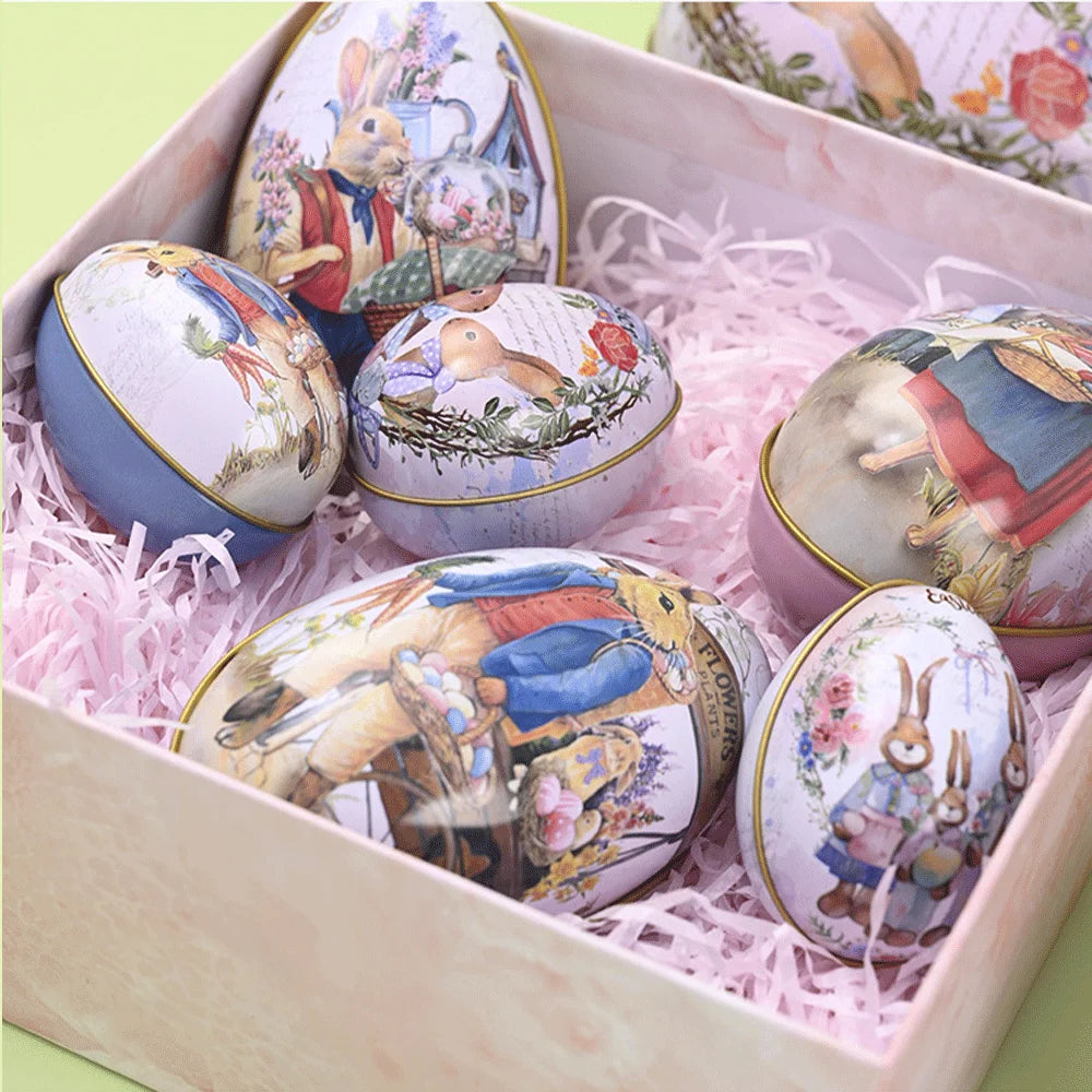 3 or 6 Large Medium Small Easter Eggs Bunny Pattern Metal Egg Shaped Candy Gift Box Easter Decoration