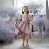 Girls Cotton and Hemp Bubble Sleeve Princess Dress
