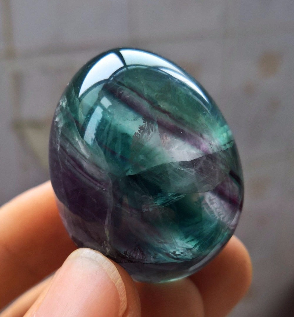 48mm Natural Polished Stone Green Purple Fluorite Quartz Crystal Egg + Base