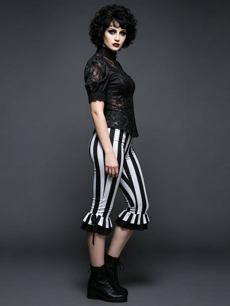 Women’s Black White Striped Capri Pants Slim Fit Bell Bottom Leggings Performance Wear Halloween Costumes