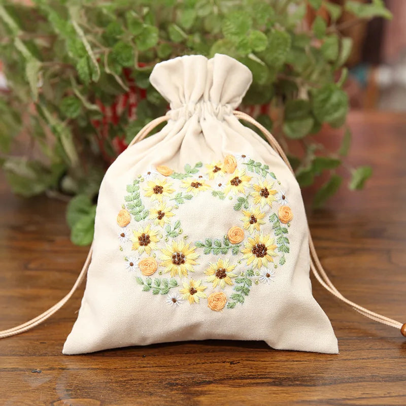 DIY Storage Drawstring Bag Embroidery Kit with Hoop DIY Craft Kits