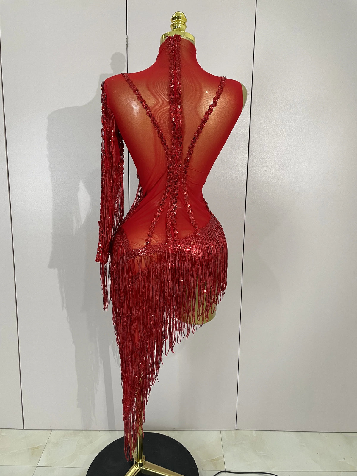 Sparkly Rhinestones Fringed Latin Dance Outfits Stage Performance Costume