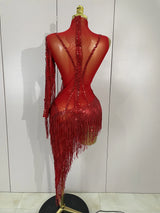 Sparkly Rhinestones Fringed Latin Dance Outfits Stage Performance Costume