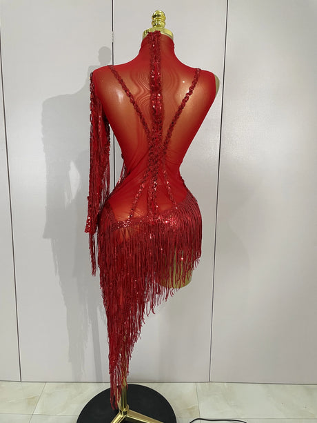 Sparkly Rhinestones Fringed Latin Dance Outfits Stage Performance Costume