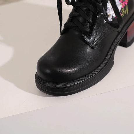 Wildflower Embroidery Lace Up Ankle Boots Black Platform Chunky Heels Large Sizes