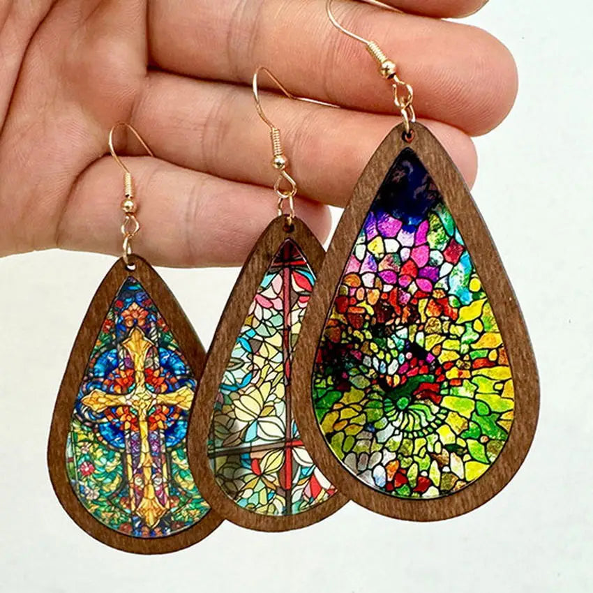 Stained Glass Window Earrings Wood Acrylic Bright Colourful