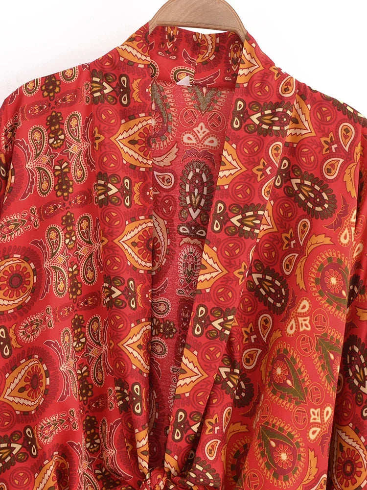 Nuri's Boho Short Kimono Red Floral Wrap Top