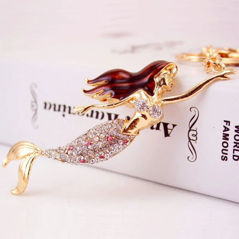 Mermaid Key Ring Enamel Crystal Purse Bag Buckle Pendant For Car Keyrings
