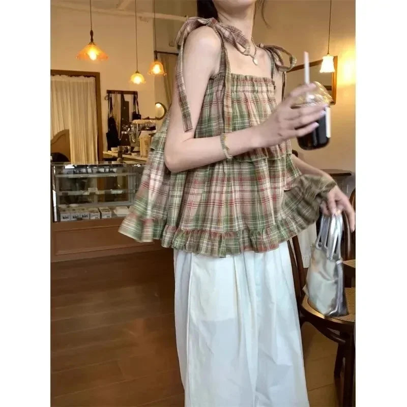 Mushroom Green Plaid Ruffle Top Y2k Goblincore