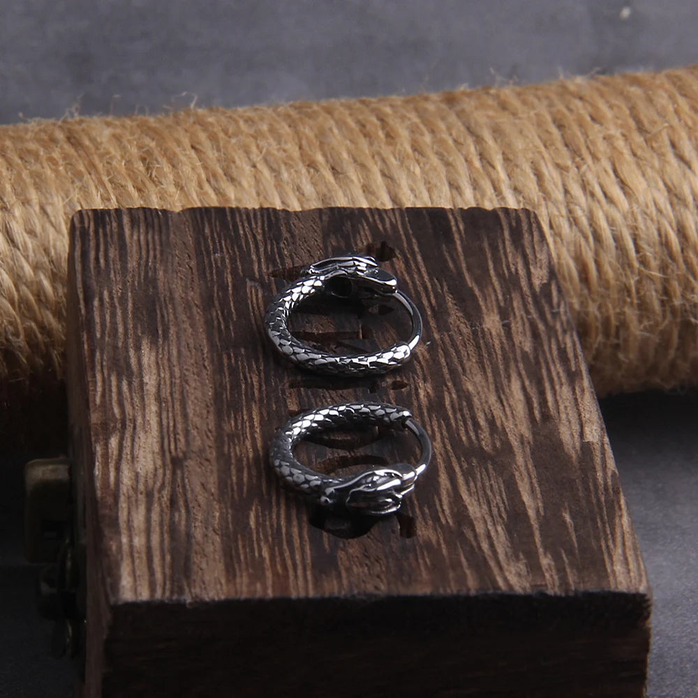 Viking Dragon Head Huggie Stainless Steel Men Hoop Earrings with Wooden Box