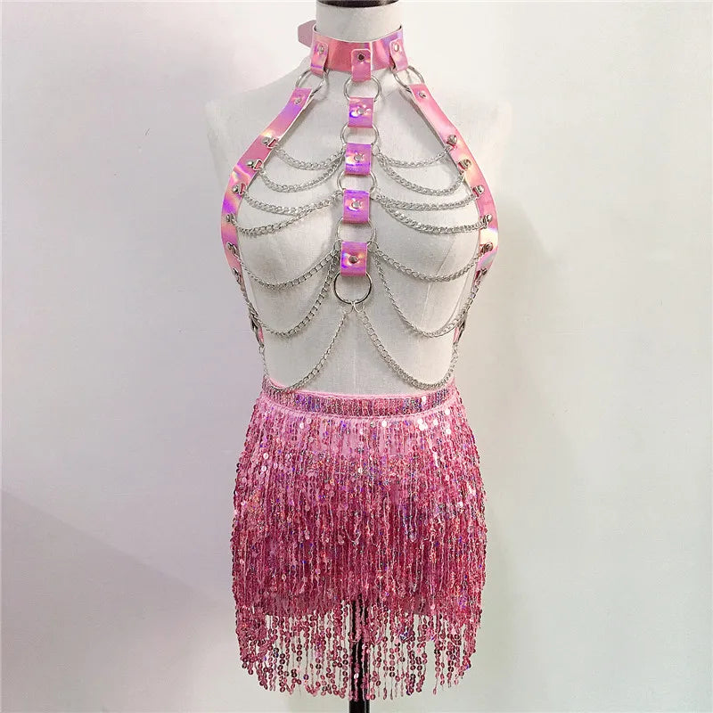 PU Leather Harness 2 Piece Set Metal Chest Chain With Tassel Sequins Mini Skirt Festival Party Club Outfits