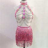 PU Leather Harness 2 Piece Set Metal Chest Chain With Tassel Sequins Mini Skirt Festival Party Club Outfits