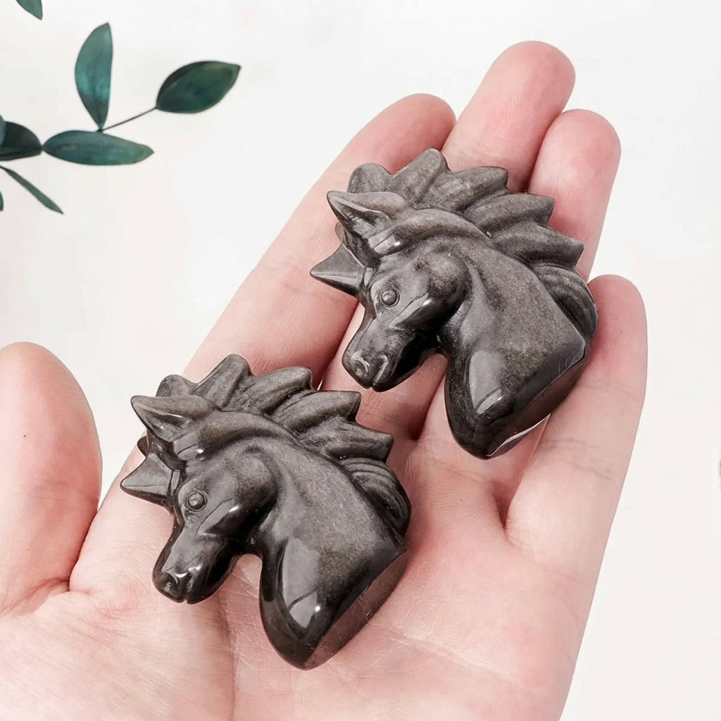 1PC Natural Silvery Obsidian Little Horse Head Crystal Statue