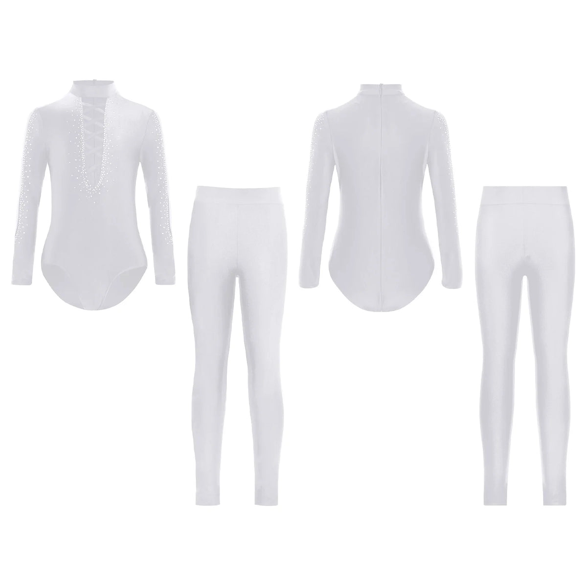 Boys Dance Leotard Ice Skating Gymnastic Long Sleeve Rhinestones Bodysuit with Leggings