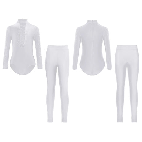 Boys Dance Leotard Ice Skating Gymnastic Long Sleeve Rhinestones Bodysuit with Leggings