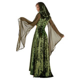 Mysterious Medieval Lady Cosplay Green Black Hooded Gown Renaissance Costume