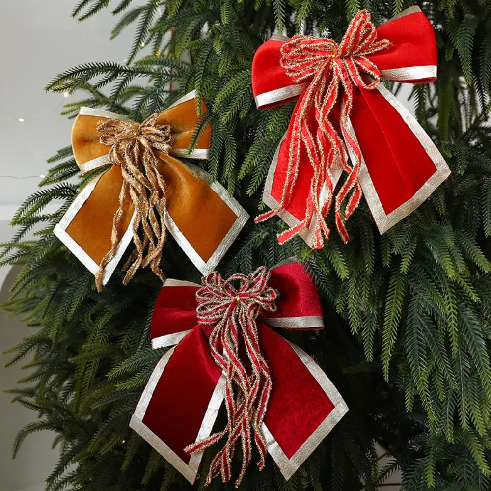 Sparkling Christmas Bow with Ribbon Christmas Tree Bowknot Flocked Wreath Xmas Decorations