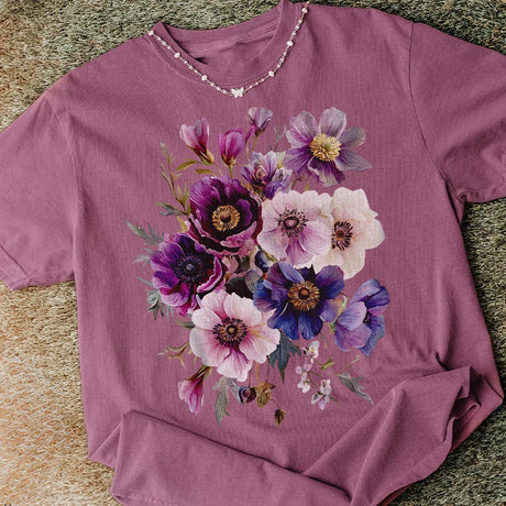 Vintage Pressed Flowers T-Shirt Cottagecore Botanical Purple Floral Cotton Tee