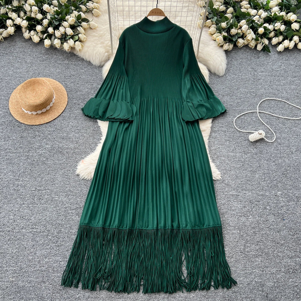 Petal Sleeves Pleated Tassel Dress Eight Colours