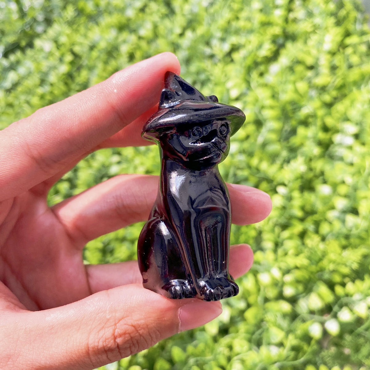 Obsidian Witch's Black Cat Natural Crystal Carving Halloween Decor
