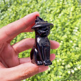 Obsidian Witch's Black Cat Natural Crystal Carving Halloween Decor