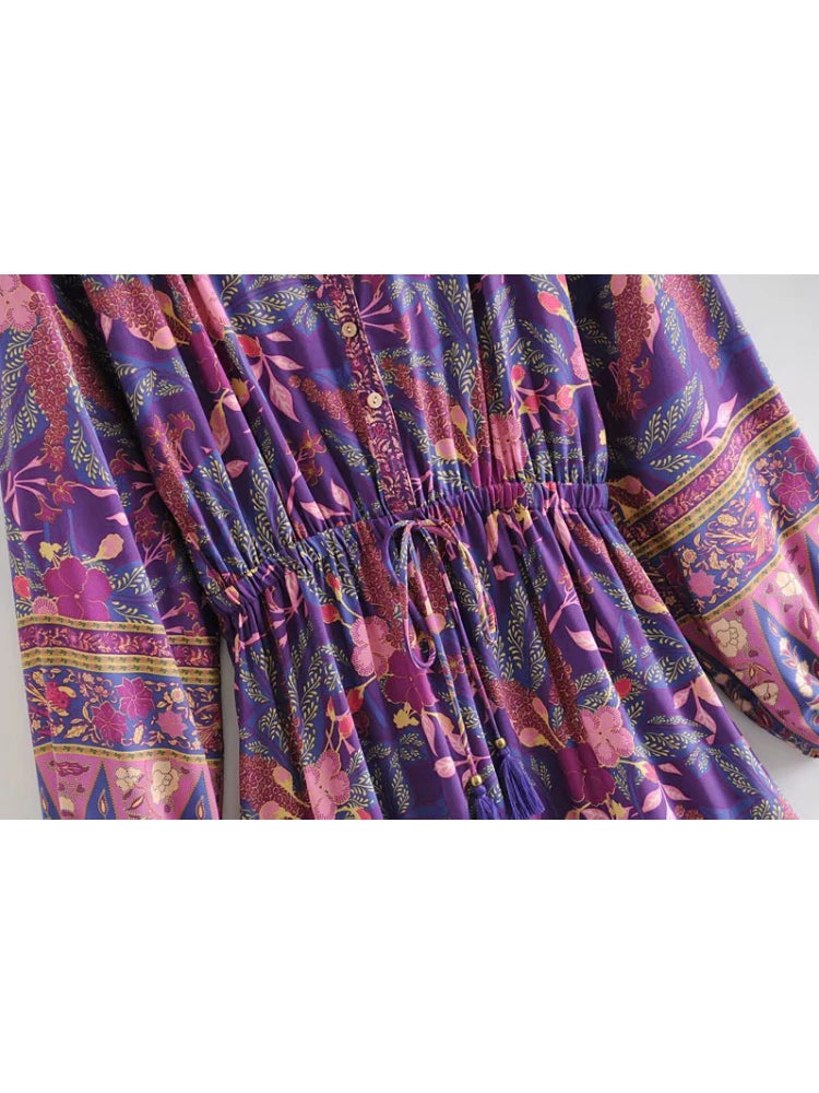 Elhiza's Purple Boho Mini Dress Lantern Sleeve