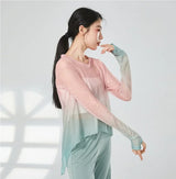 Gradient Gauze Top Dance Practice Top Thumb Finger Hole Long Sleeve Dancewear