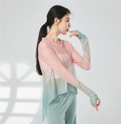 Gradient Gauze Top Dance Practice Top Thumb Finger Hole Long Sleeve Dancewear