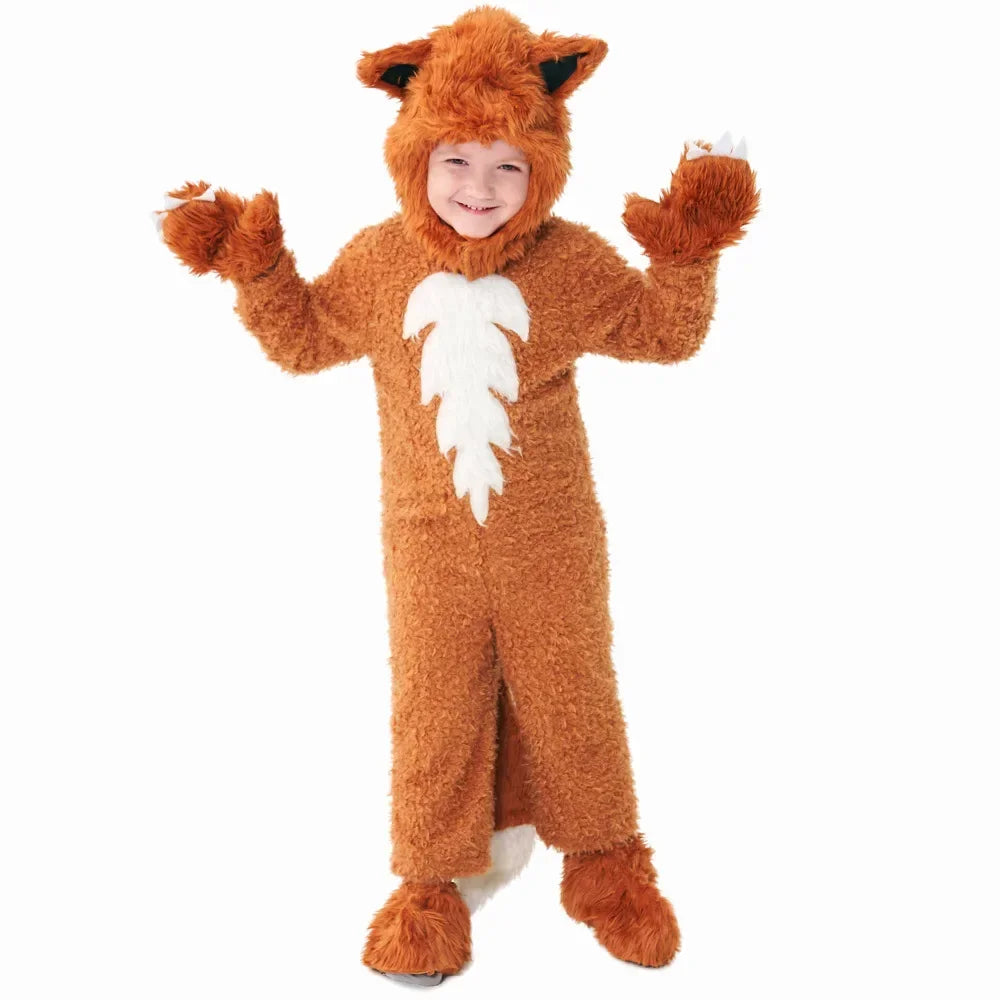 Child Kids 2-12Y Fleece Furry Lion King and Fox Costume Rompers Set Cosplay Halloween Fancy Dress