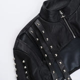 Women's Punk Crop Jacket PU Leather Cosplay Jacket Rivet Strap Gothic Streetwear Top
