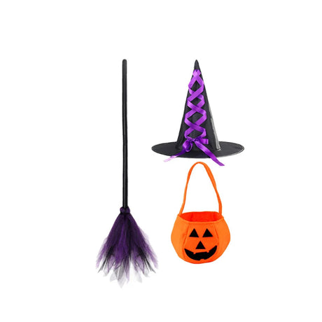 Purple Witch Girls Halloween Costume Star Tulle Party Dresses with Props