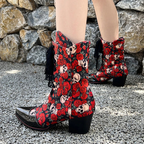 Skull Flower Lace Laces Ankle Boots