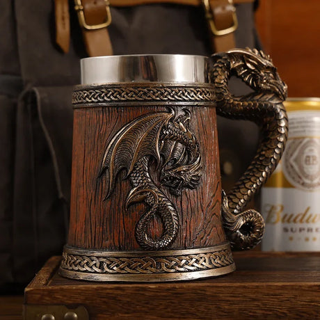 Dragon Beer Mug Coffee Cup Stainless Steel Resin Wooden Barrel Drinkware 600ml