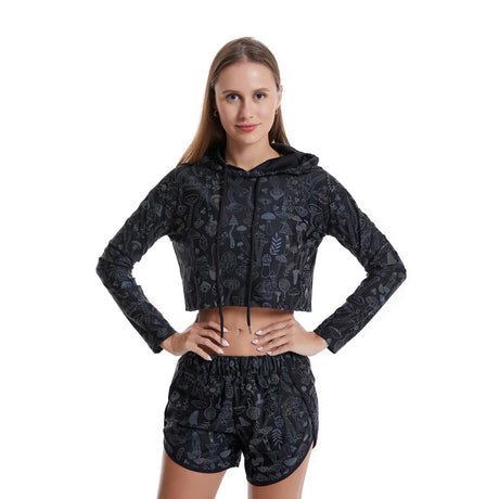 Reflective Mushroom Print Shorts Cropped Hoodie