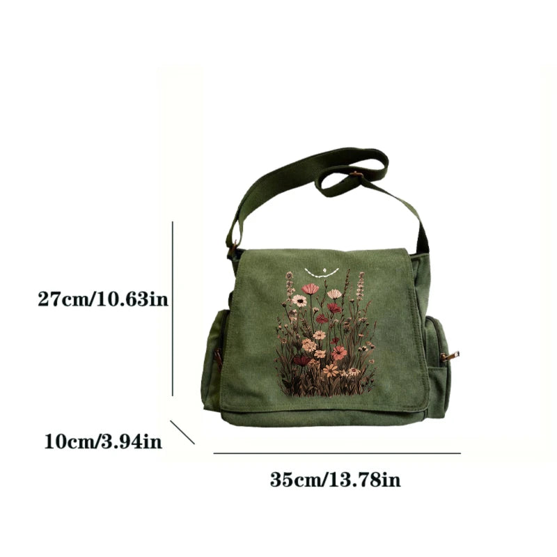 Wildflowers Print Canvas Shoulder Bag Crossbody Messenger Bag