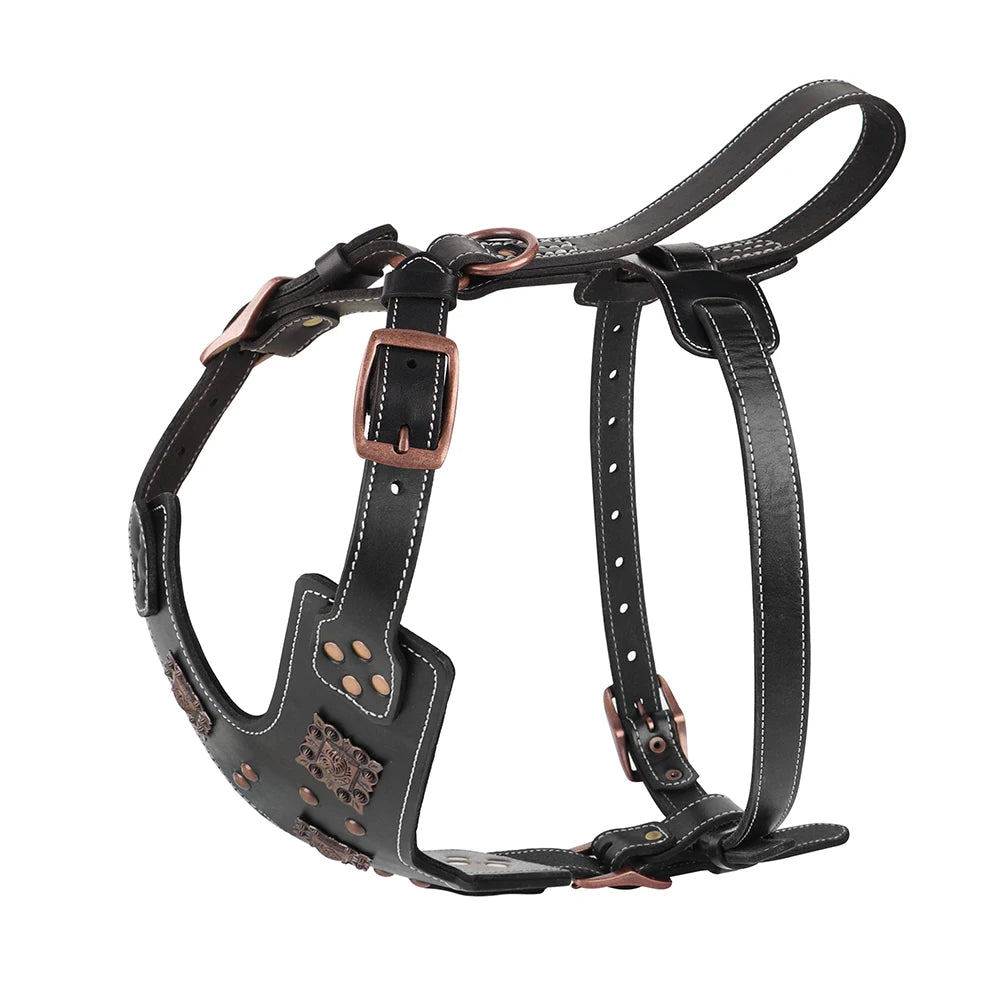 Genuine Leather Dog Harness Durable Large Dogs Riveted Pet Vest With Metal Accessories Medieval Cosplay