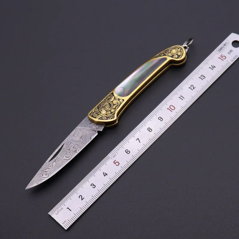 Principessa Pesca Handmade Shell Inlaid Folding Knife High Quality Sharp Brass Portable Keychain Mini Knife