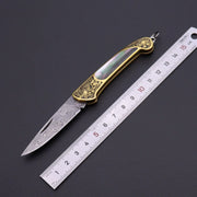 Principessa Pesca Handmade Shell Inlaid Folding Knife High Quality Sharp Brass Portable Keychain Mini Knife