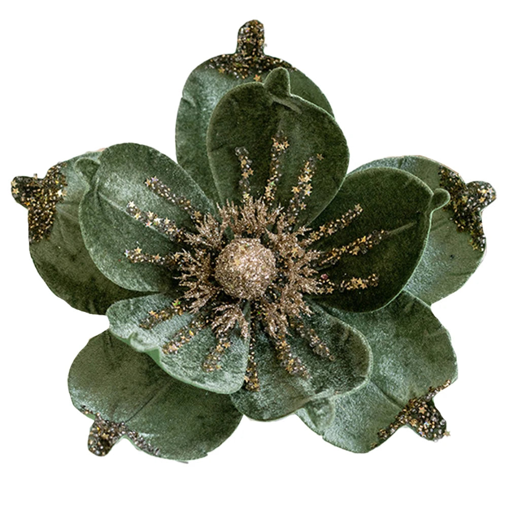 24cm Large Glitter Christmas Flowers Artificial Magnolia Flower Ornament Floral Xmas Tree Decorations